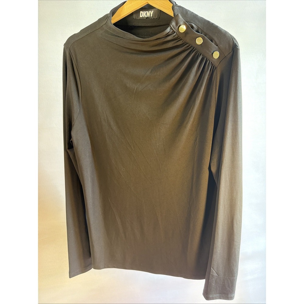 DKNY Jeans Women Mock Neck Long Sleeve Top Gold Button Shoulder Black Large